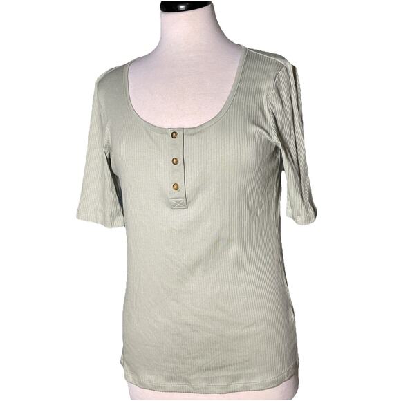 LRL Womens Sz M Green Ribbed Henley Short Sleeve Scoop Neck Shirt Top Casual - Picture 1 of 5